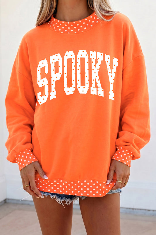 Orange SPOOKY Polka Dot Letter Print Mock Neck Baggy Pullover Sweatshirt