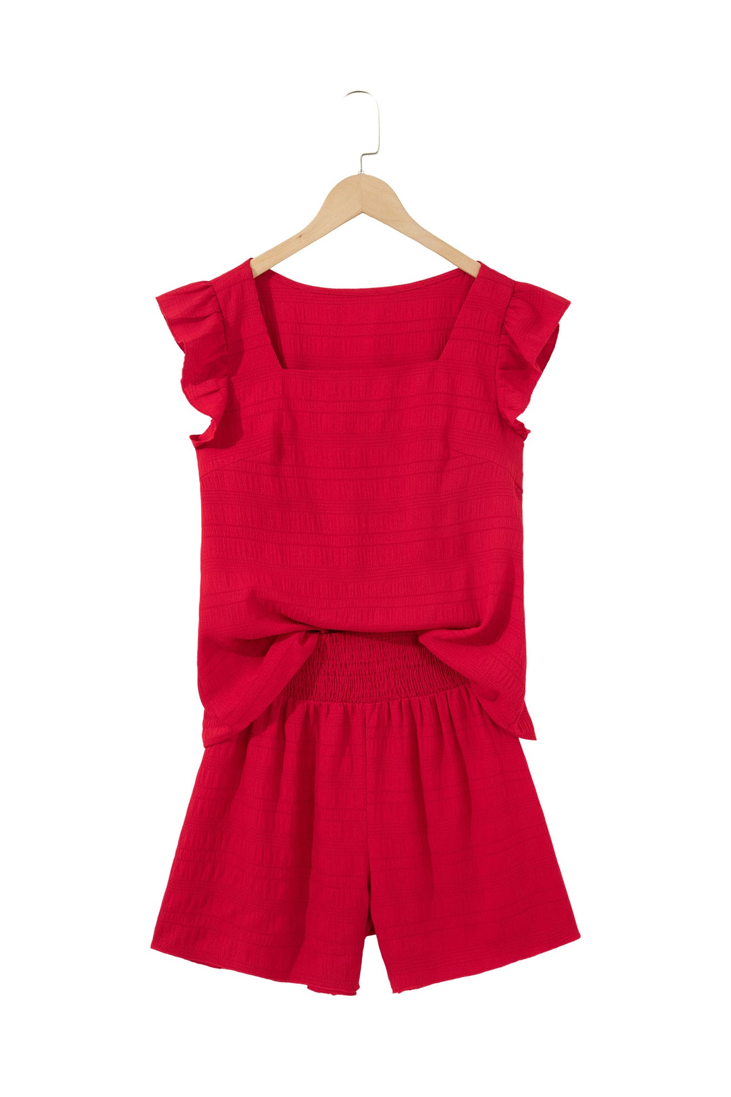 Fiery Red Textured Square Neck Top and Shirred High Waist Shorts Set