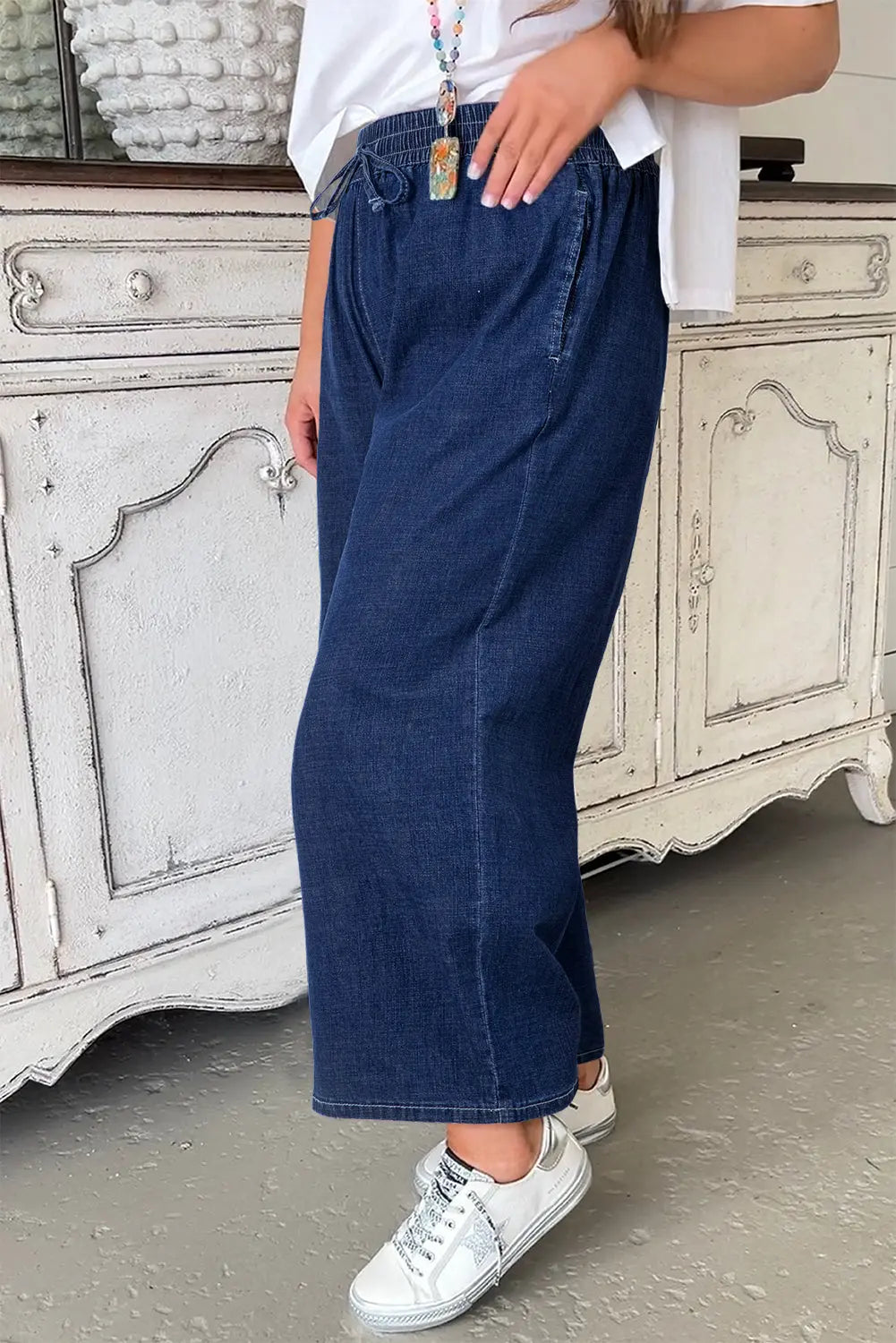 Real Teal Plus Size Drawstring High Waist Wide Leg Casual Jeans Dear-Lover Dropshipping