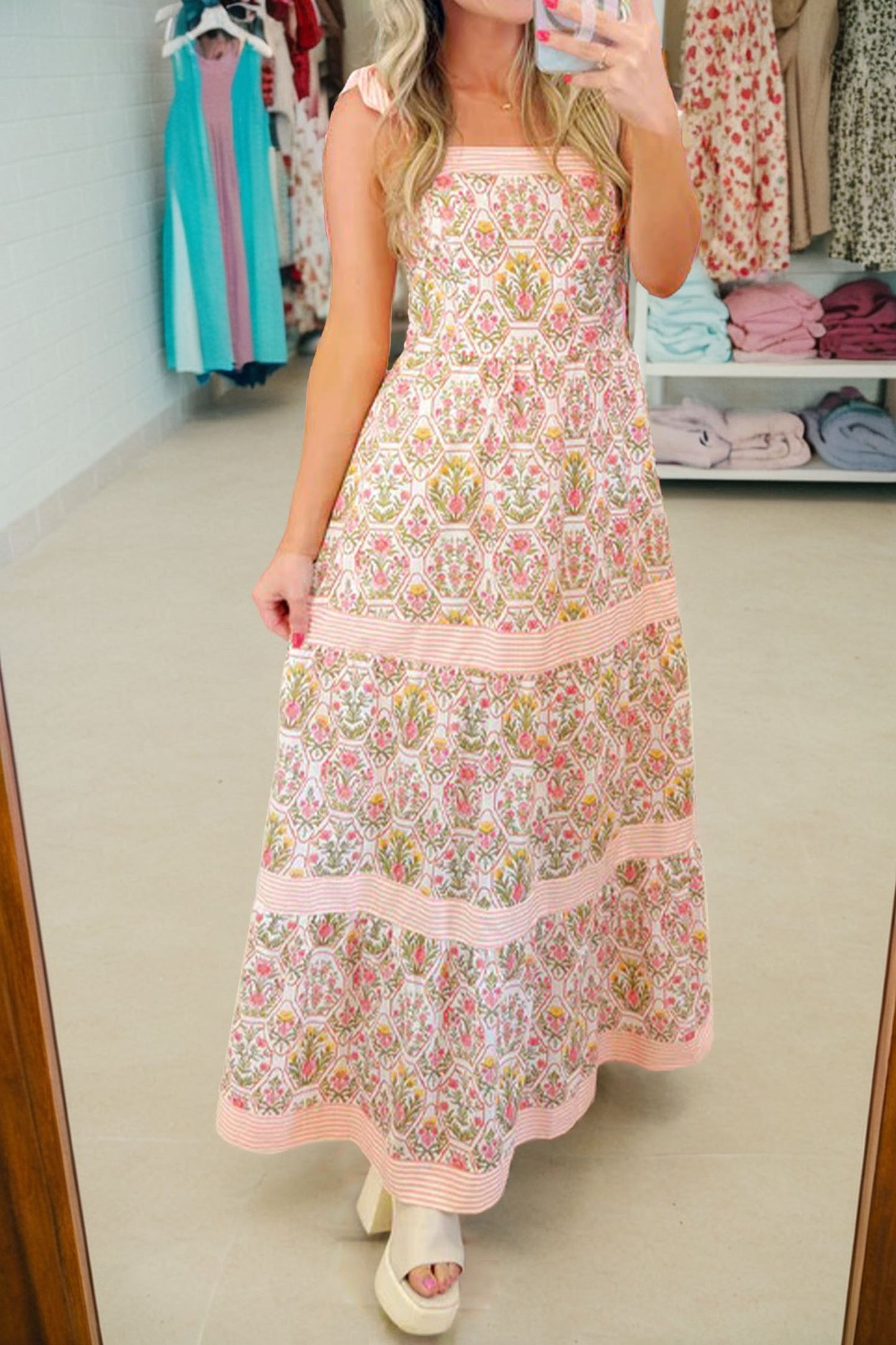 Green Geometric Floral Print Striped Patchwork Detail Sleeveless Dress(Runs Small )