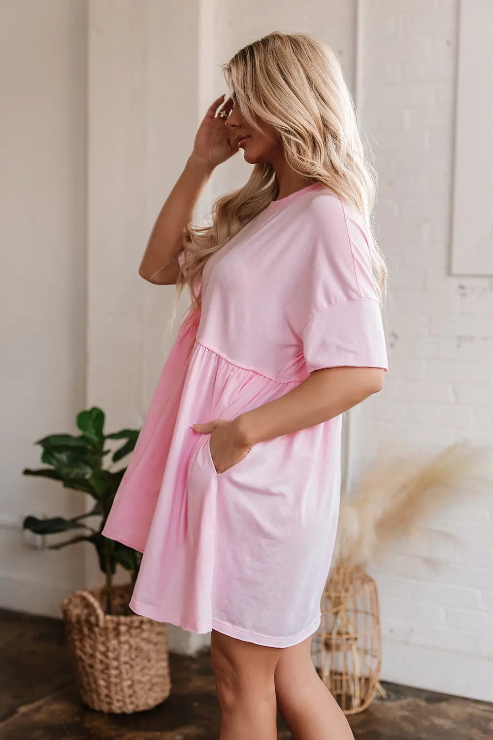Light Pink Solid Color Pocketed Raw Edge Babydoll Dress Dear-Lover Dropshipping