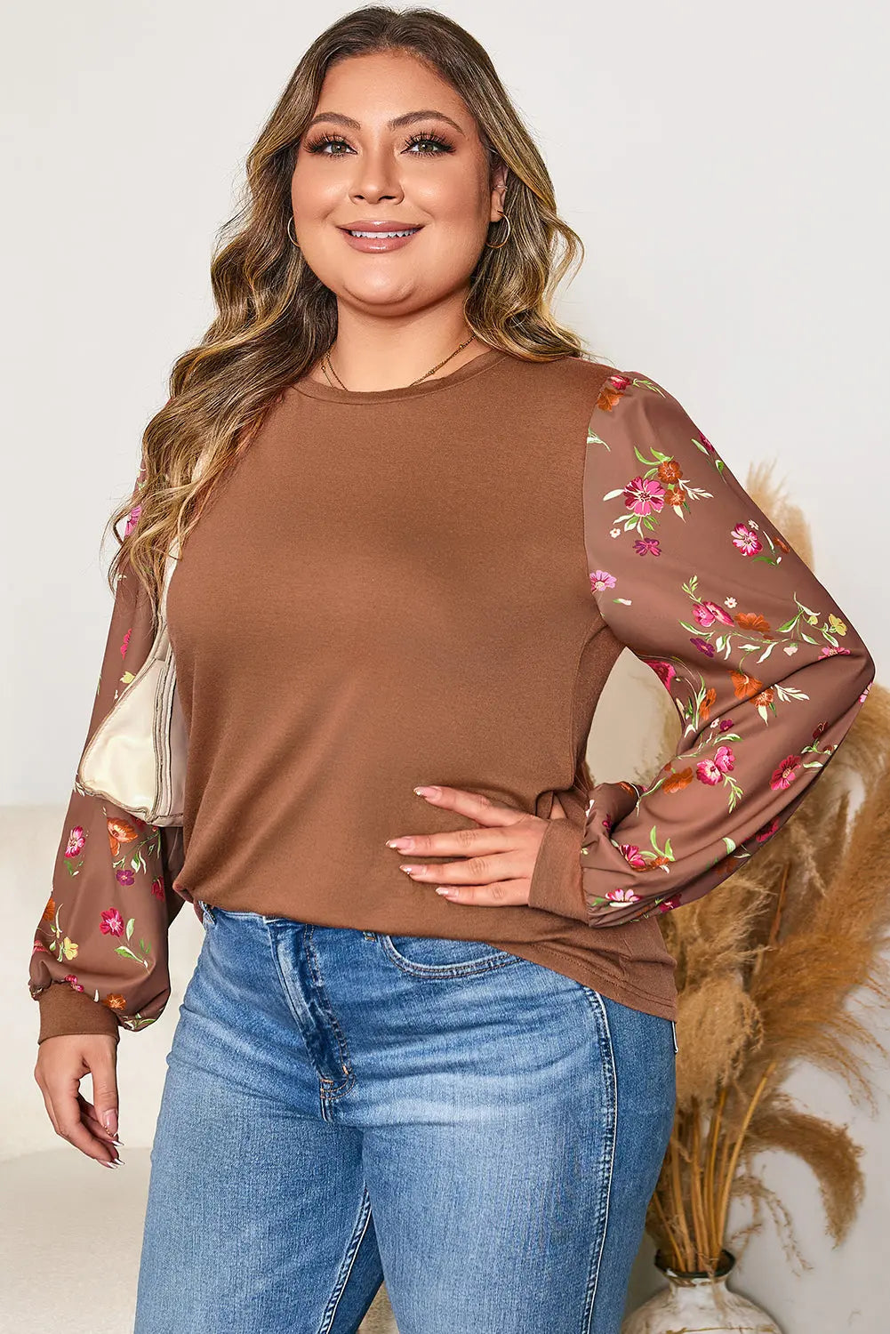 Brown Floral Sleeve Patchwork Round Neck Plus Blouse Dear-Lover Dropshipping