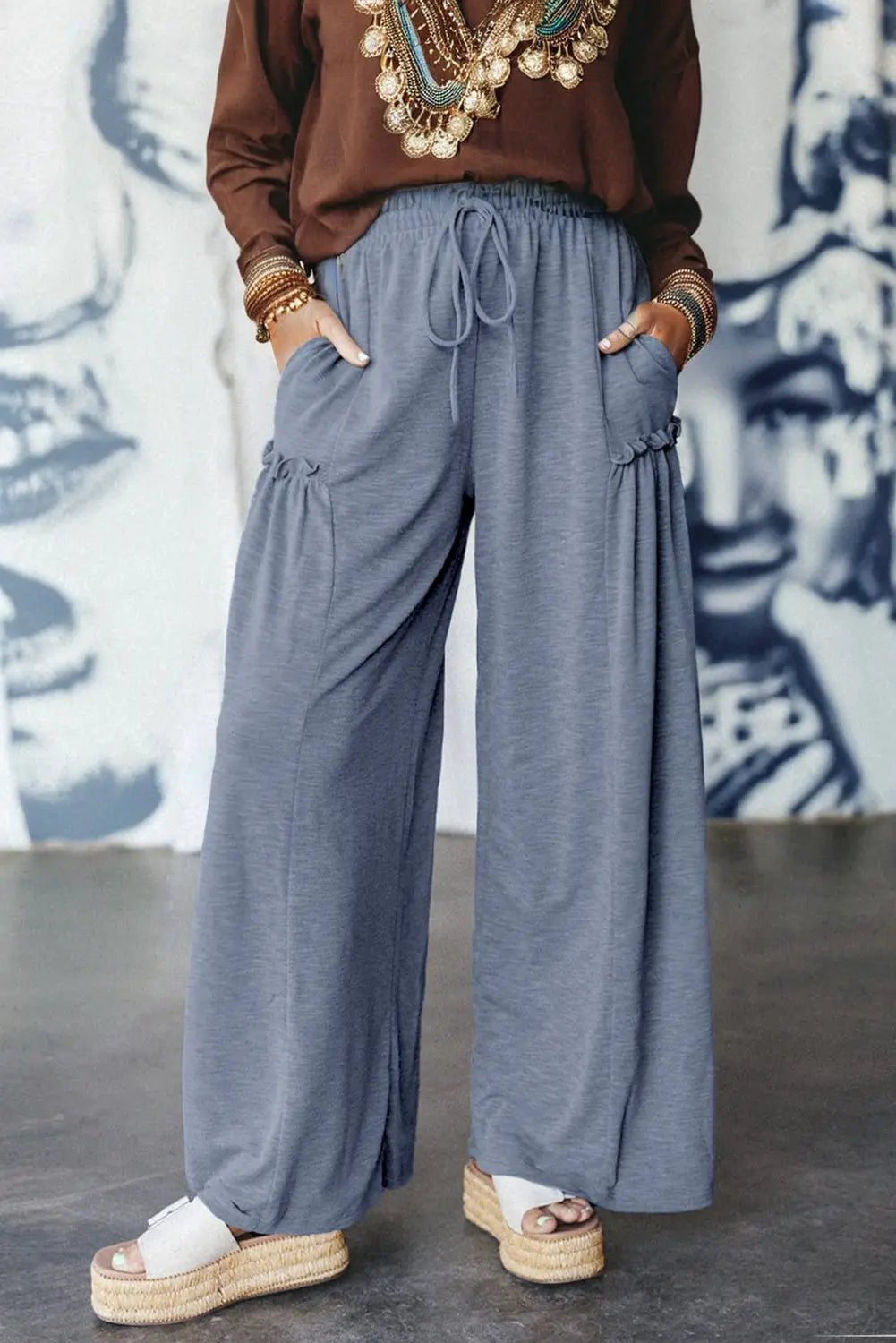 Frilled Detail Wide Leg Drawstring Elastic Waistband Pants Dear-Lover Dropshipping