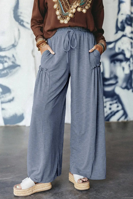 Frilled Detail Wide Leg Drawstring Elastic Waistband Pants Dear-Lover Dropshipping