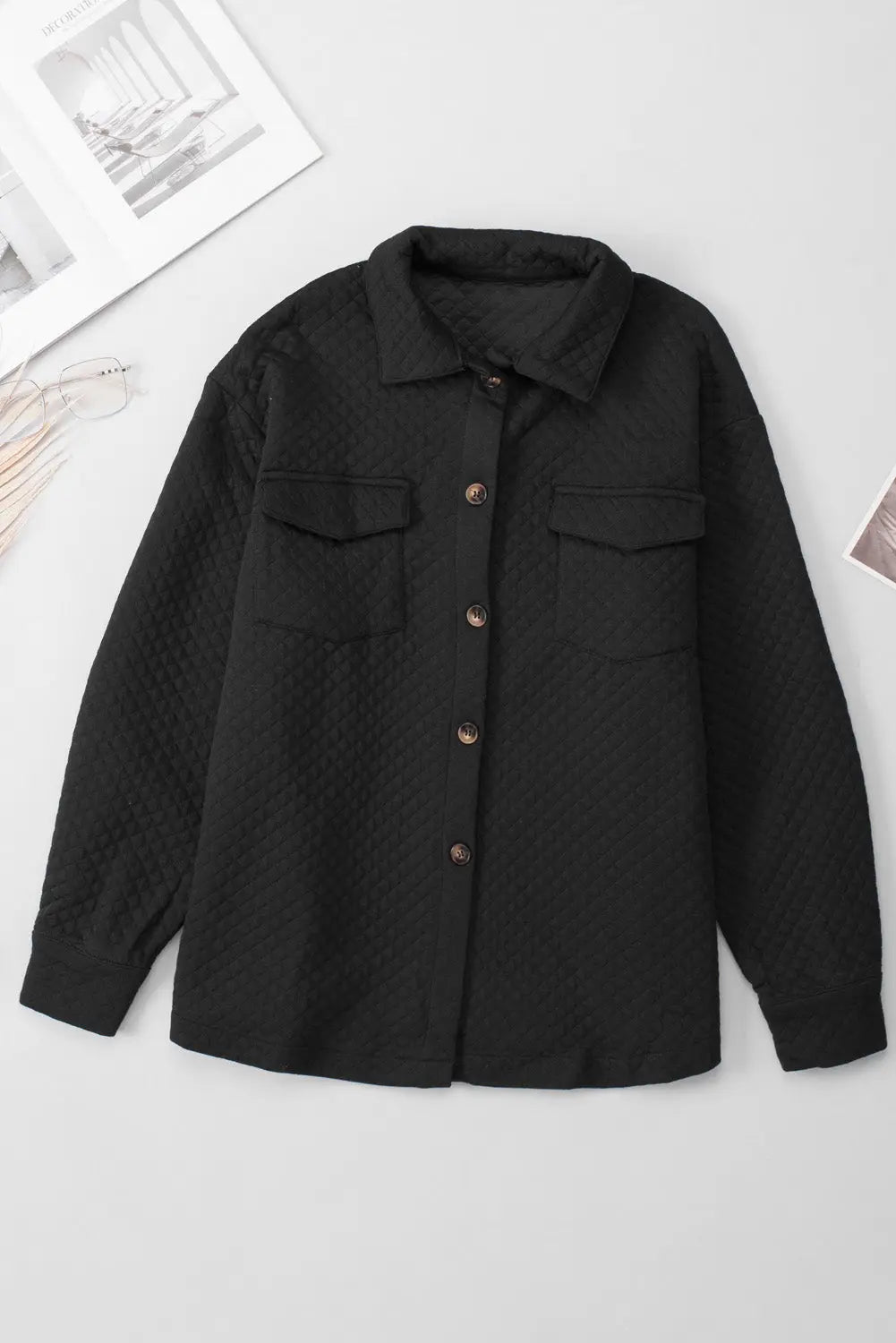 Black Retro Quilted Flap Pocket Button Shacket Dear-Lover Dropshipping