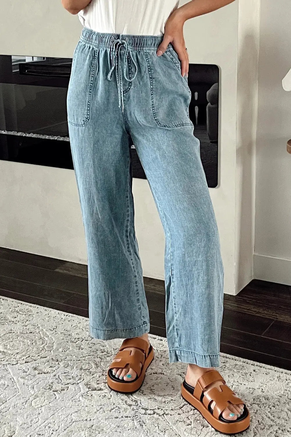 Myosotis Mineral Wash Drawstring Elastic Waistband Loose Straight Denim Pants Dear-Lover Dropshipping