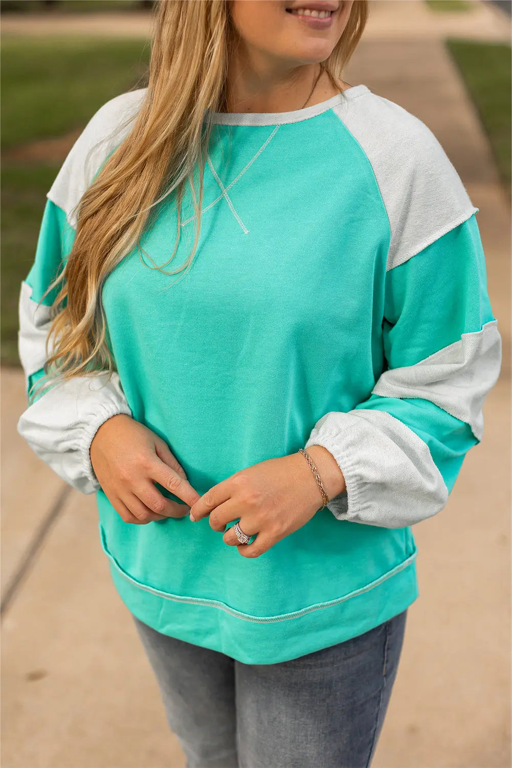 Aruba Blue Colorblock Patchwork Cross Seam Plus Sweatshirt Dear-Lover Dropshipping