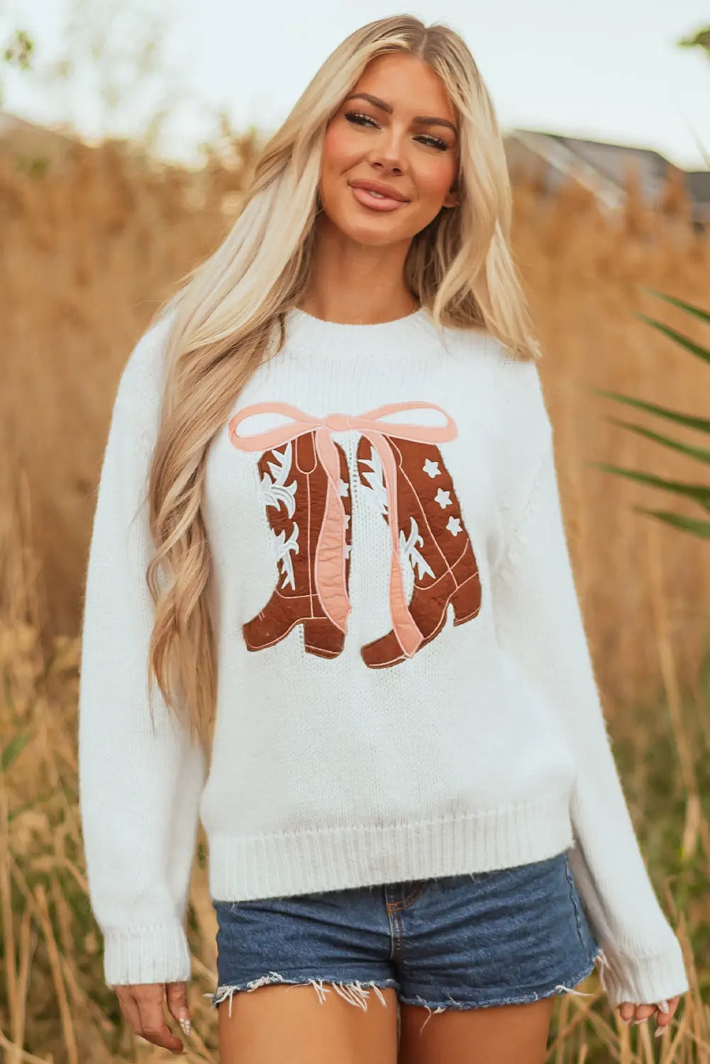 White Embroidered Bow Boots Graphic Drop Shoulder Sweater Dear-Lover Dropshipping