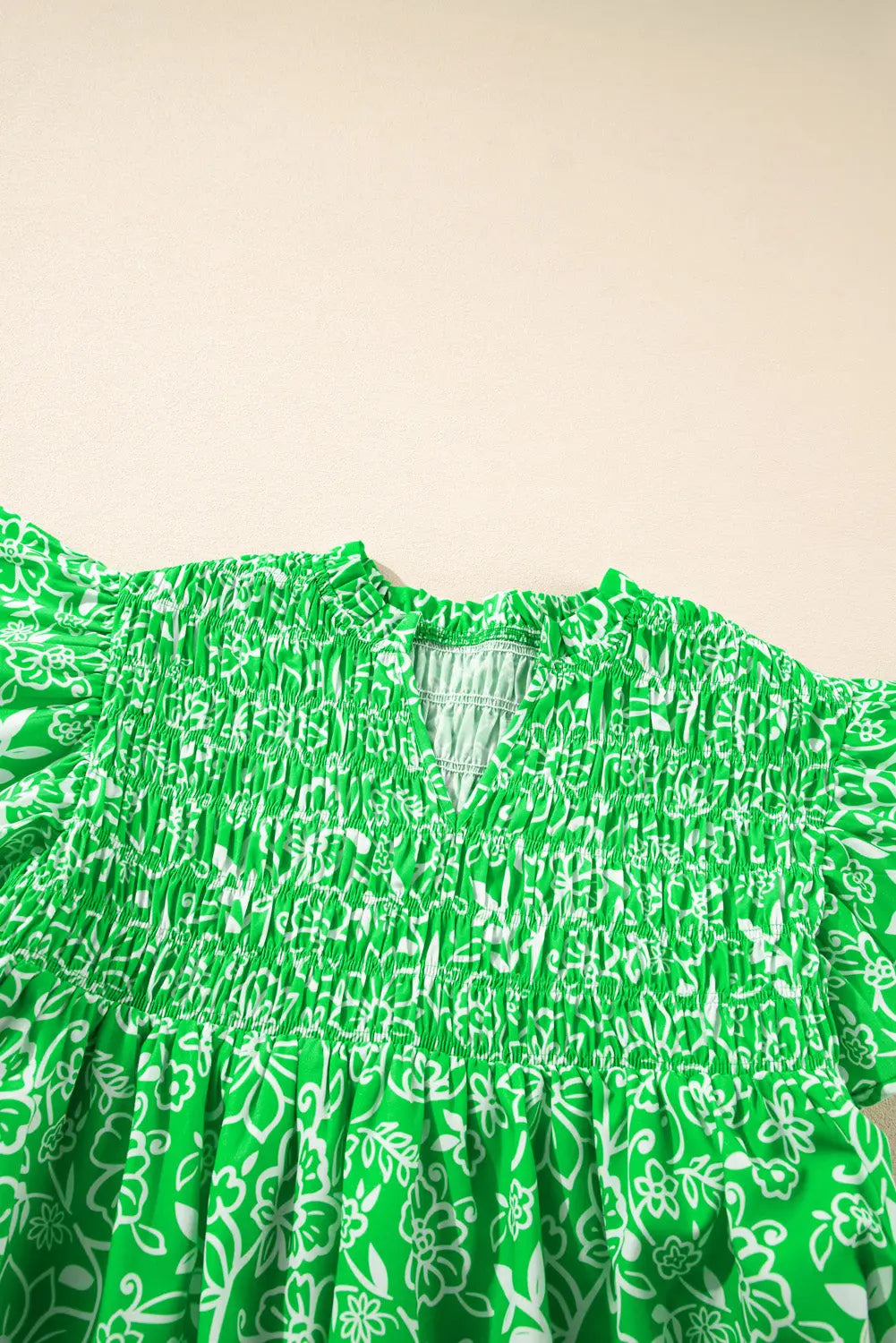 Green Floral Flutter Sleeve Shirred Notched Neck Plus Size Blouse Dear-Lover Dropshipping