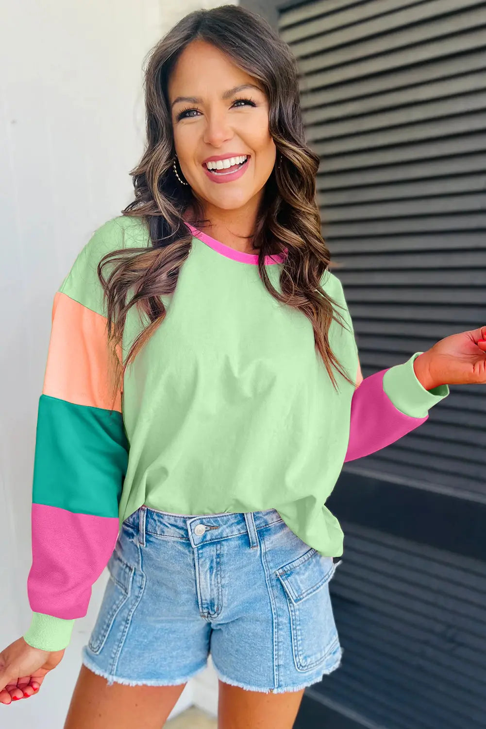Green Colorblock Patchwork Long Sleeve Loose Top Dear-Lover Dropshipping