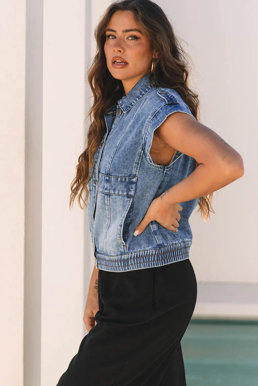 Ashleigh Blue Acid Wash Elastic Hem Button Up Denim Vest Dear-Lover Dropshipping