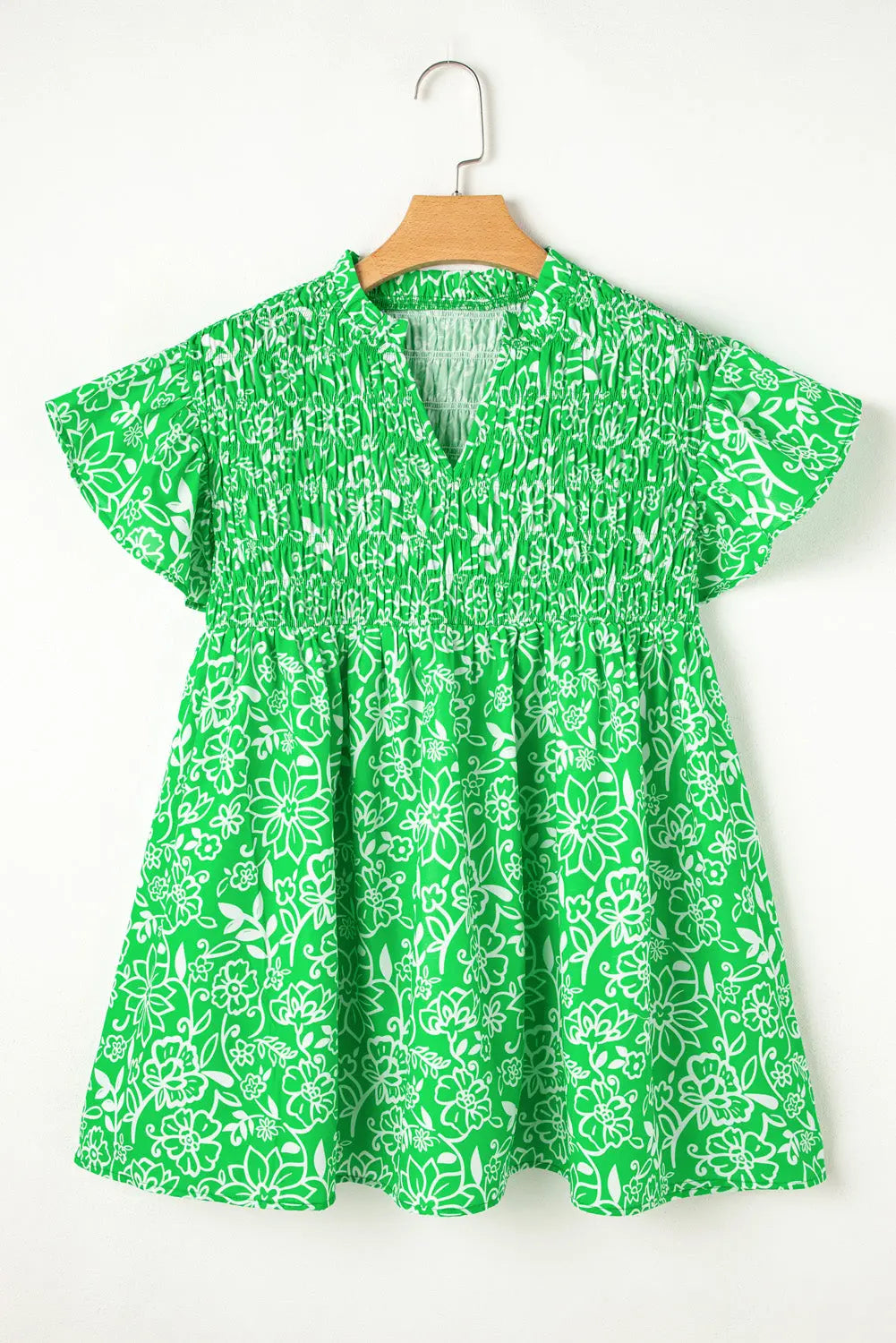 Green Floral Flutter Sleeve Shirred Notched Neck Plus Size Blouse Dear-Lover Dropshipping