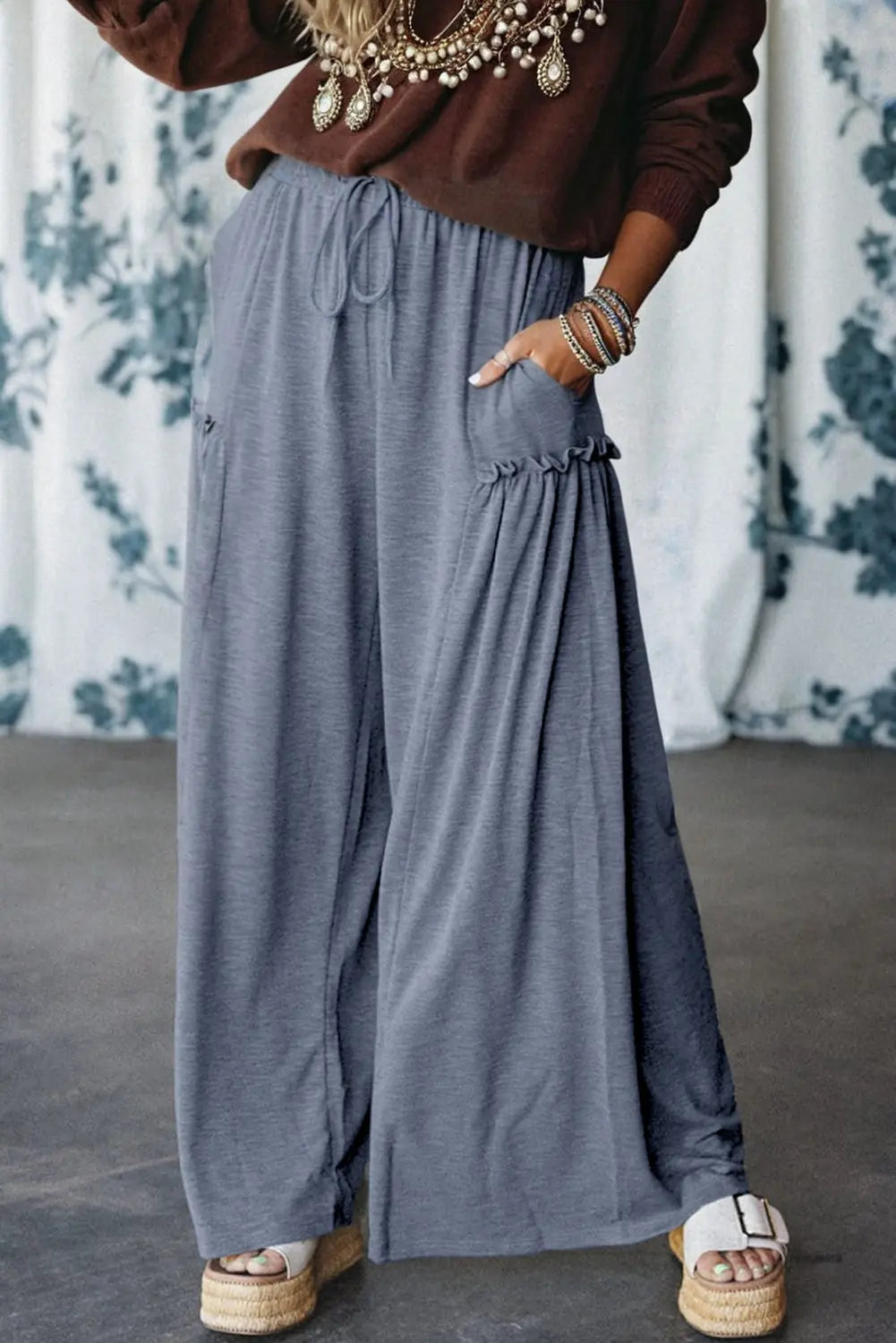 Frilled Detail Wide Leg Drawstring Elastic Waistband Pants Dear-Lover Dropshipping
