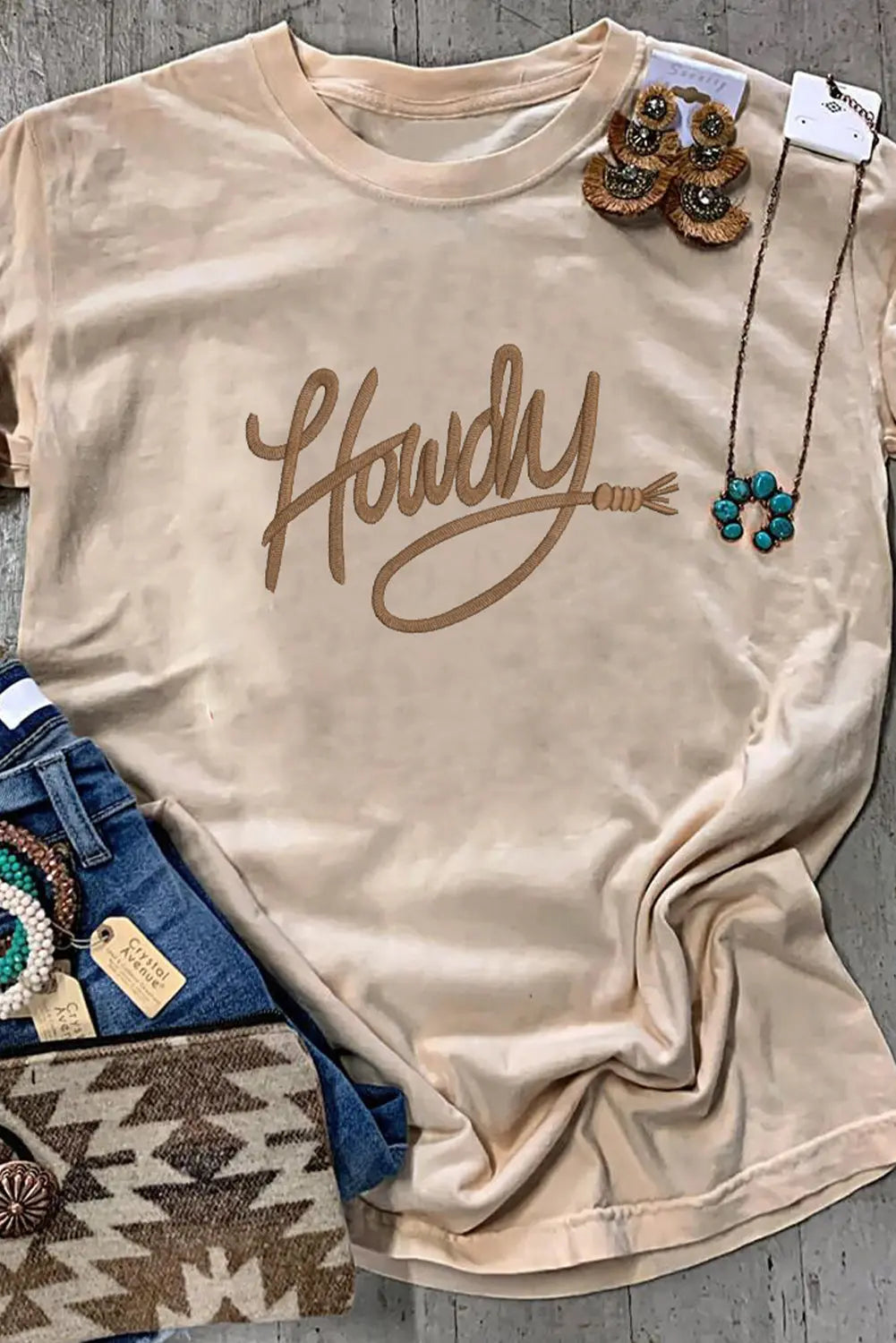 Khaki Howdy Embroidered Graphic Western Tee Dear-Lover Dropshipping