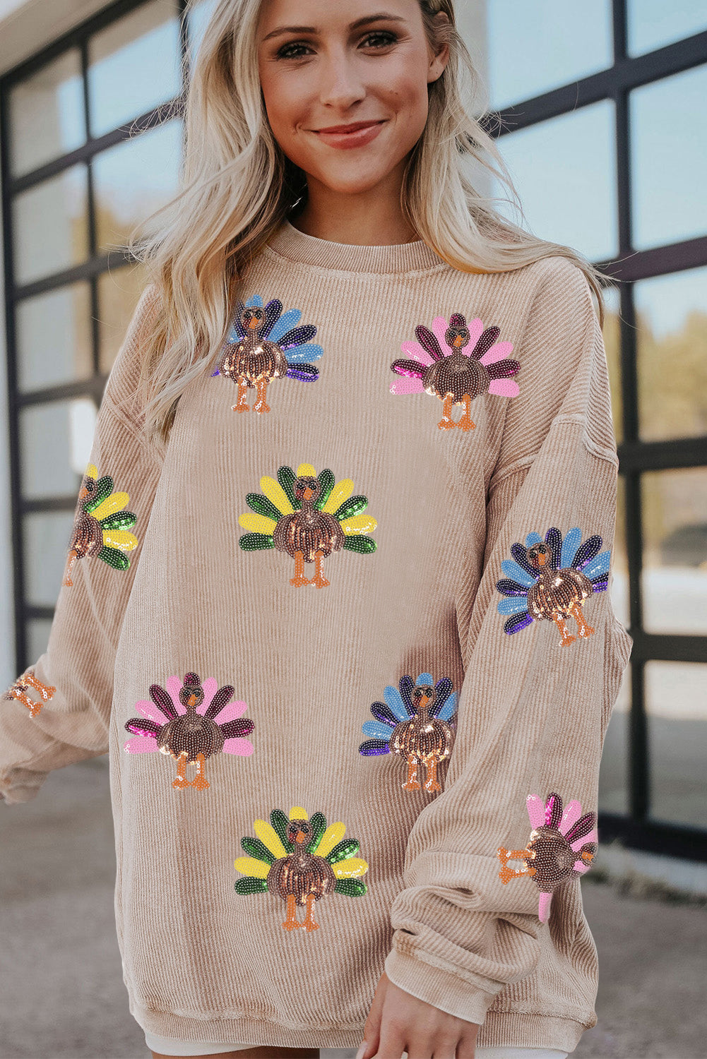 Apricot Turkey Graphic Corded Baggy Sweatshirt
