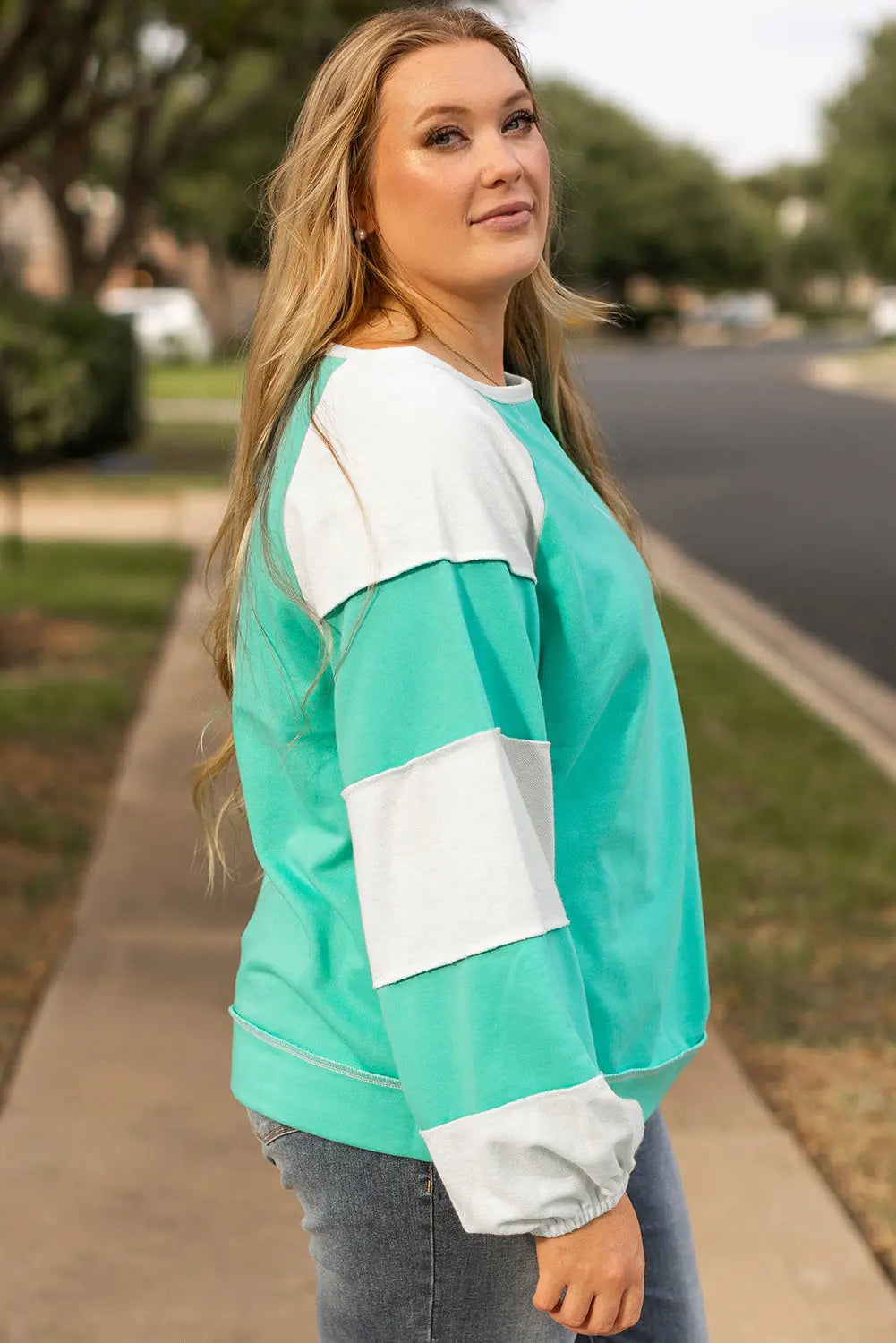 Aruba Blue Colorblock Patchwork Cross Seam Plus Sweatshirt Dear-Lover Dropshipping