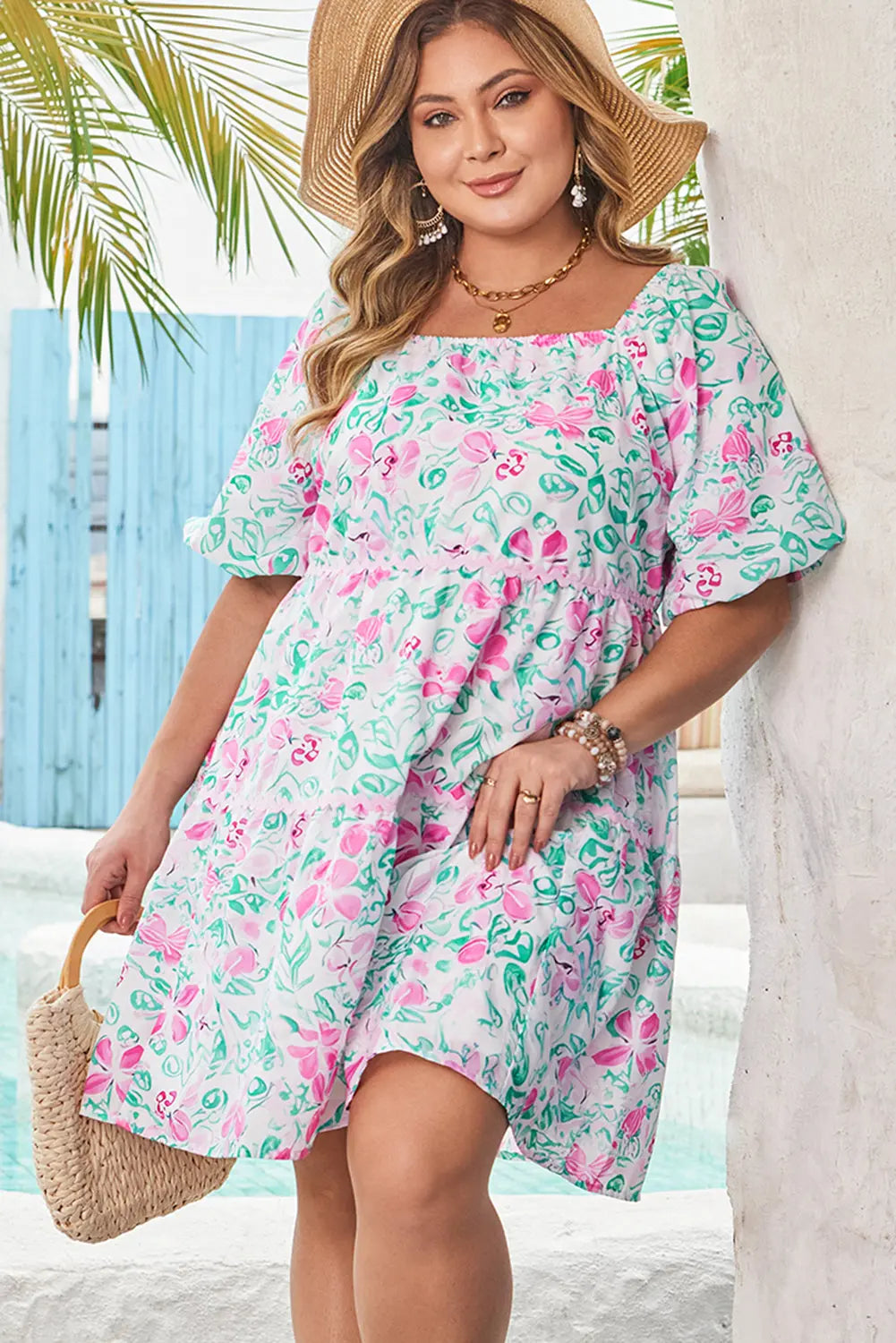 White Floral Print Ric-rac Trim Square Neck Plus Size Mini Dress Dear-Lover Dropshipping