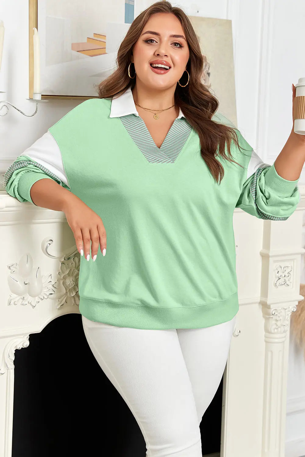 Moonlight Jade Color Block Striped Patchwork Collar V Neck Plus Size Sweatshirt Dear-Lover Dropshipping