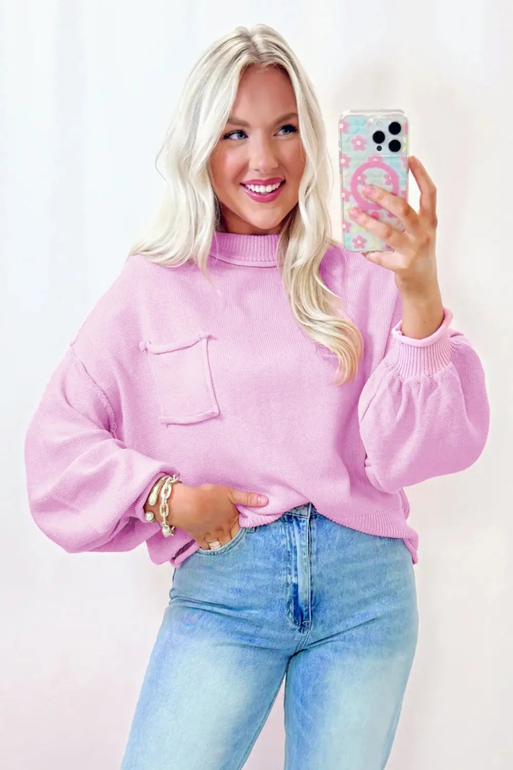 Pink Raw Edge Ribbed Detail Drop Shoulder Sweater Dear-Lover Dropshipping