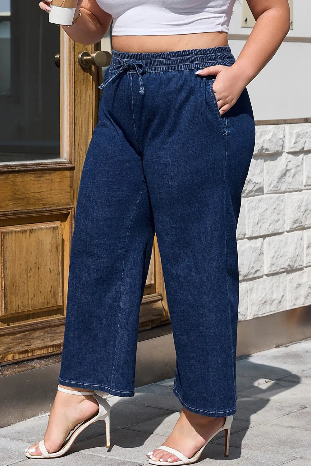Real Teal Plus Size Drawstring High Waist Wide Leg Casual Jeans Dear-Lover Dropshipping