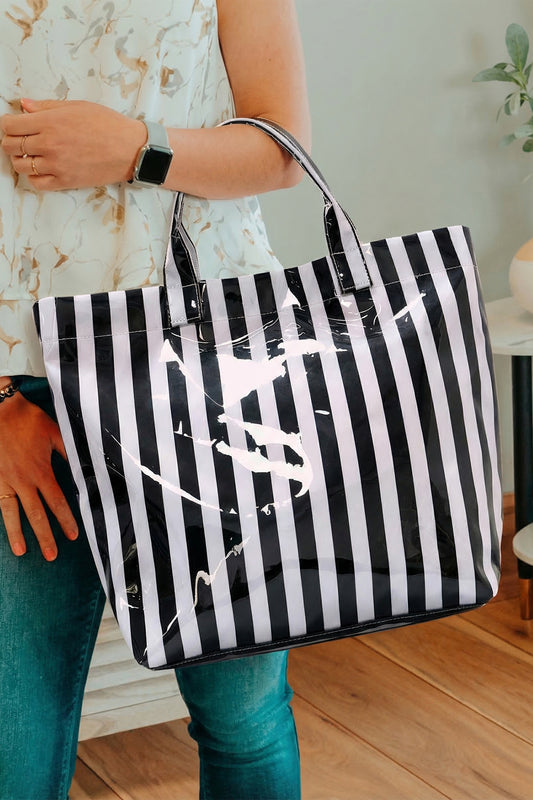 Color black Glossy Striped Vinyl Large Tote Bag (Color Varied)