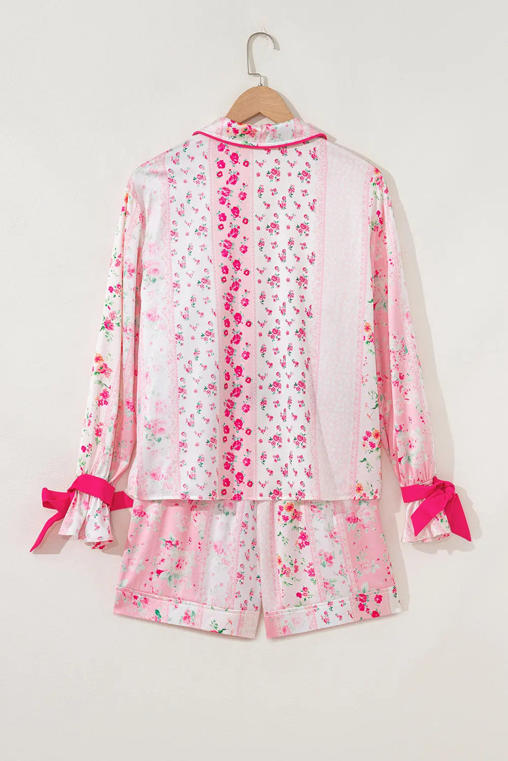 Pink Mixed Floral Print Contrast Piping Trim Satin Tie 2pcs Pajama Set Dear-Lover Dropshipping