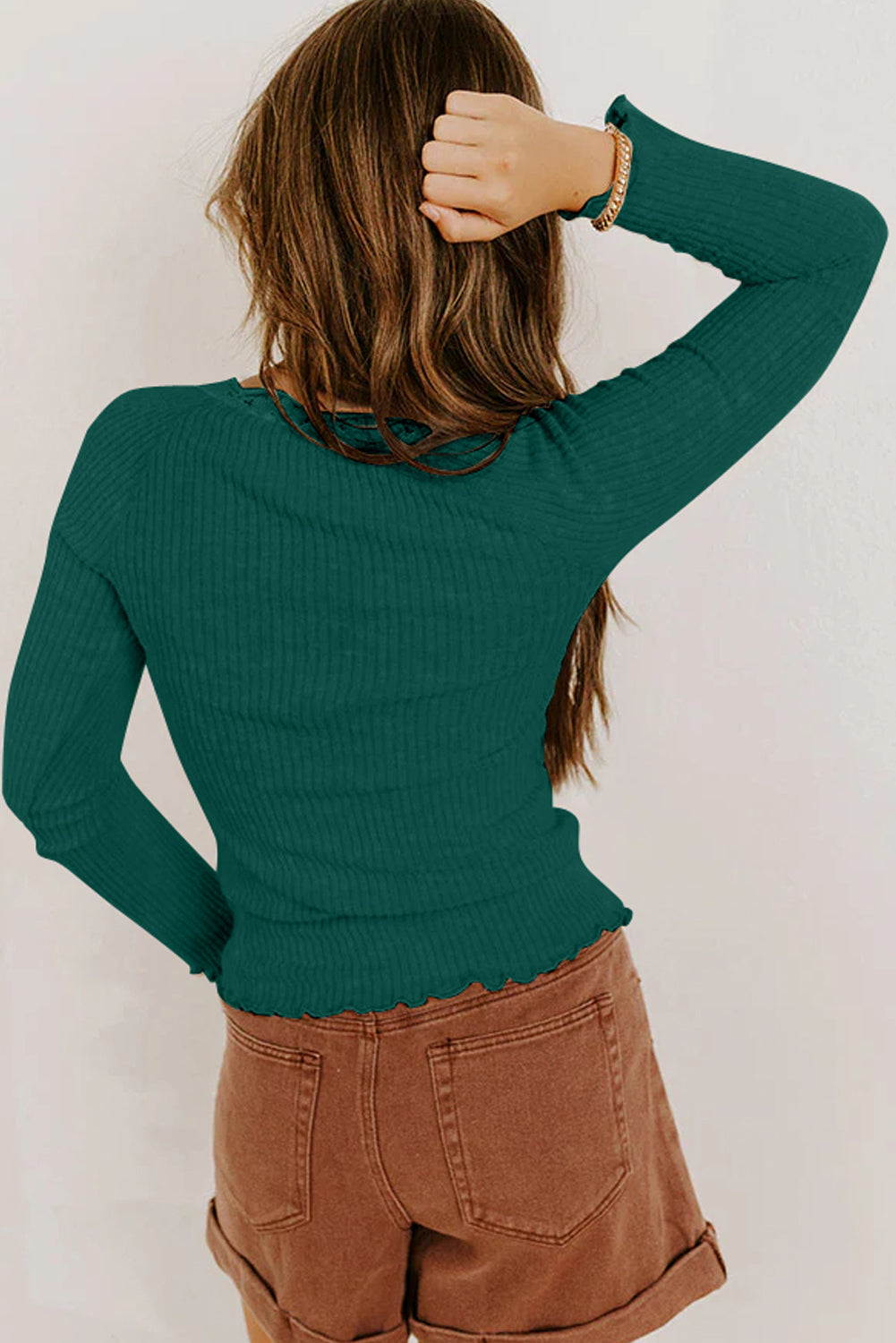 Skobeloff Lace Neckline Button Decor Lettuce Edge Long Sleeve Ribbed Top