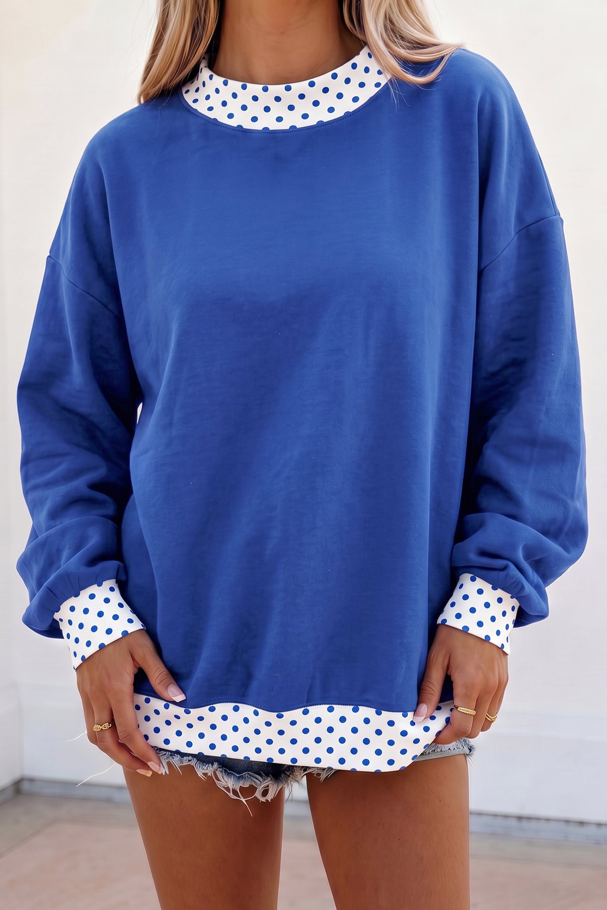 Brown Colorblock Polka Dot Contrast Trim Oversized Sweatshirt