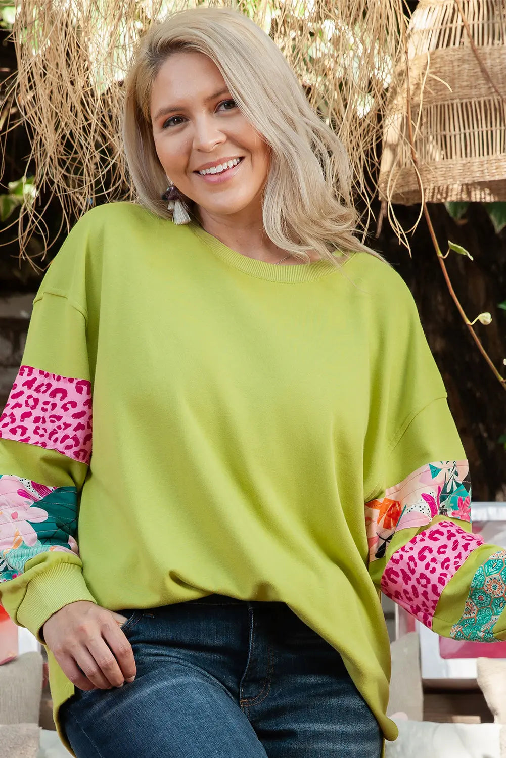 Green Plus Size Printed Patchwork Sleeve Split Sweatshirt Dear-Lover Dropshipping