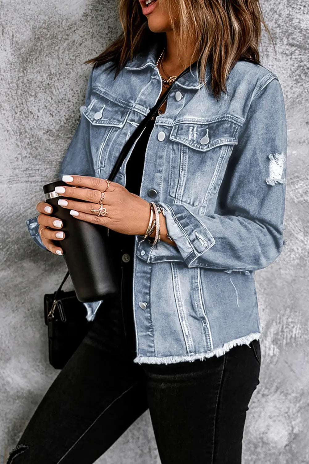 Sky Blue Lapel Distressed Raw Hem Buttons Denim Jacket Dear-Lover Dropshipping