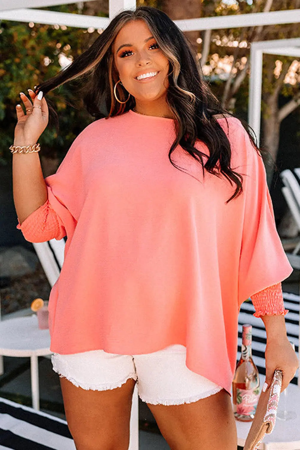 Blossom Shirred Cuffs Half Sleeve Plus Size Textured Blouse Dear-Lover Dropshipping