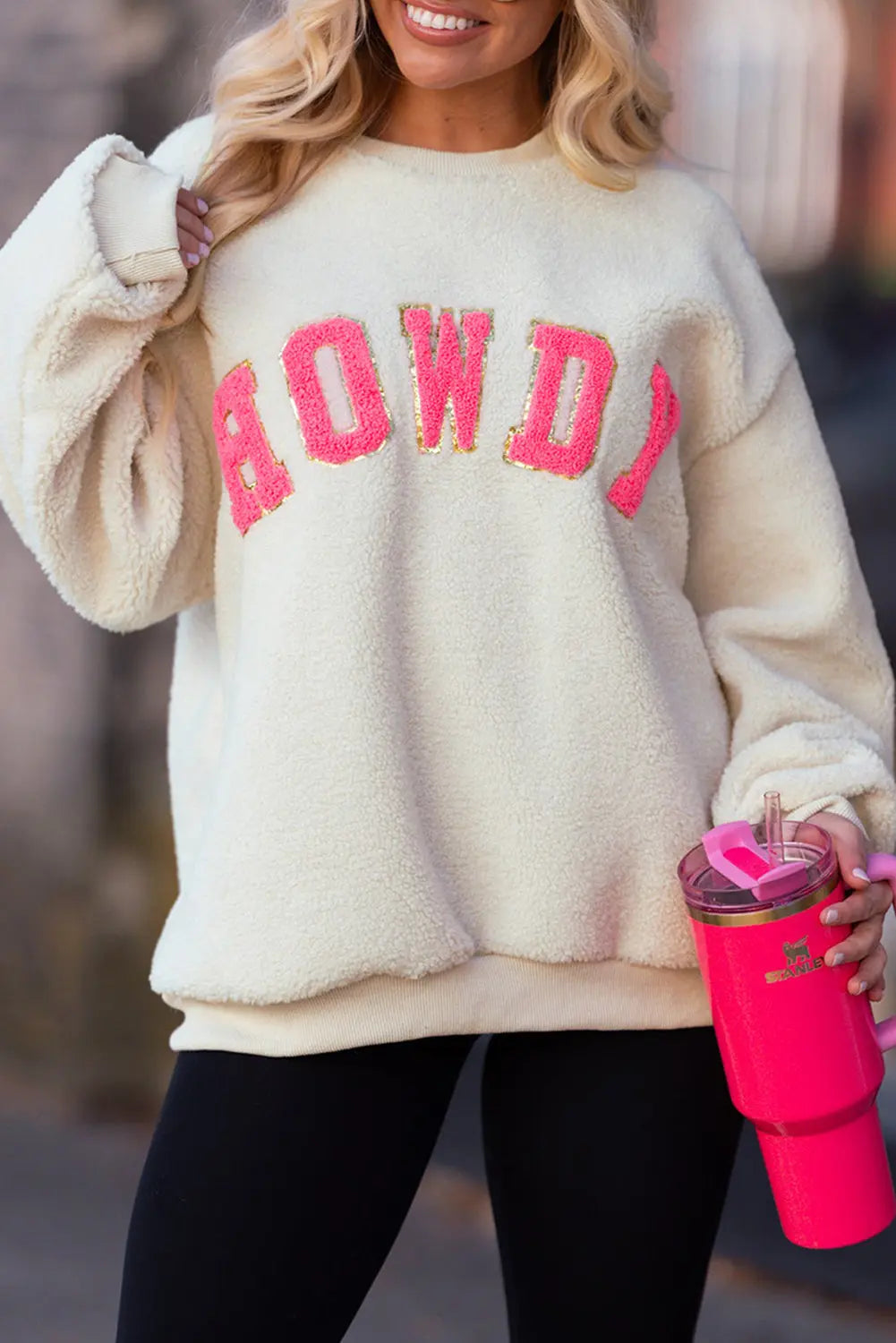 Beige Sherpa HOWDY Patched Pullover Sweatshirt Dear-Lover Dropshipping
