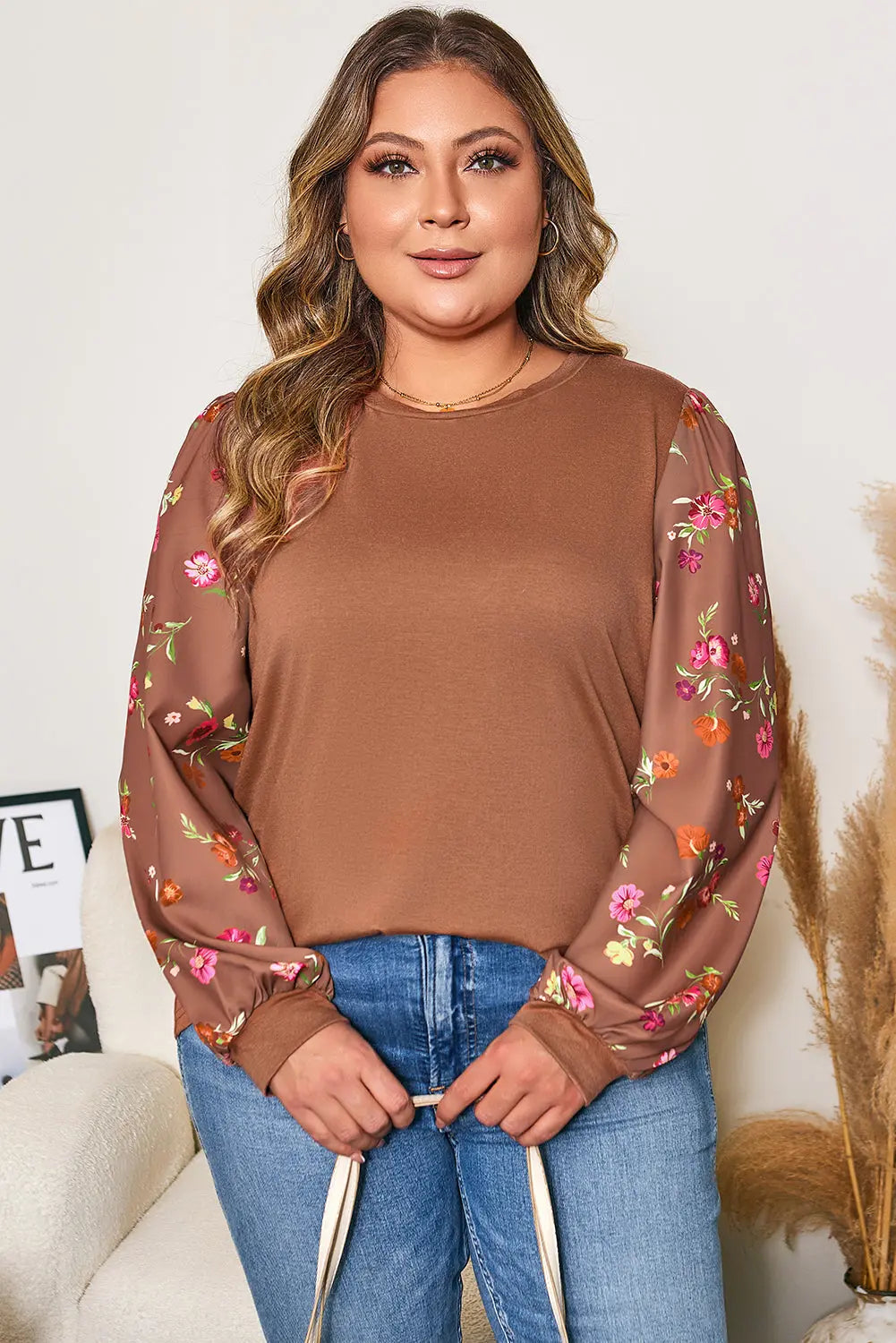 Brown Floral Sleeve Patchwork Round Neck Plus Blouse Dear-Lover Dropshipping