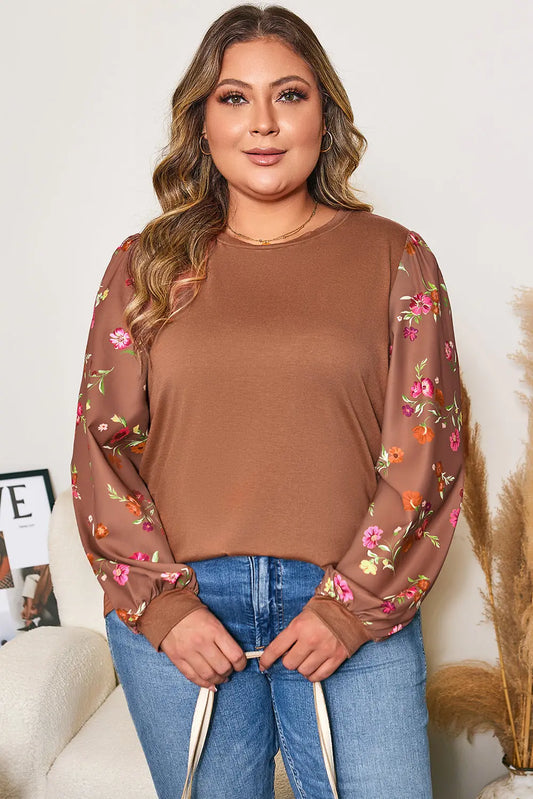 Brown Floral Sleeve Patchwork Round Neck Plus Blouse Dear-Lover Dropshipping