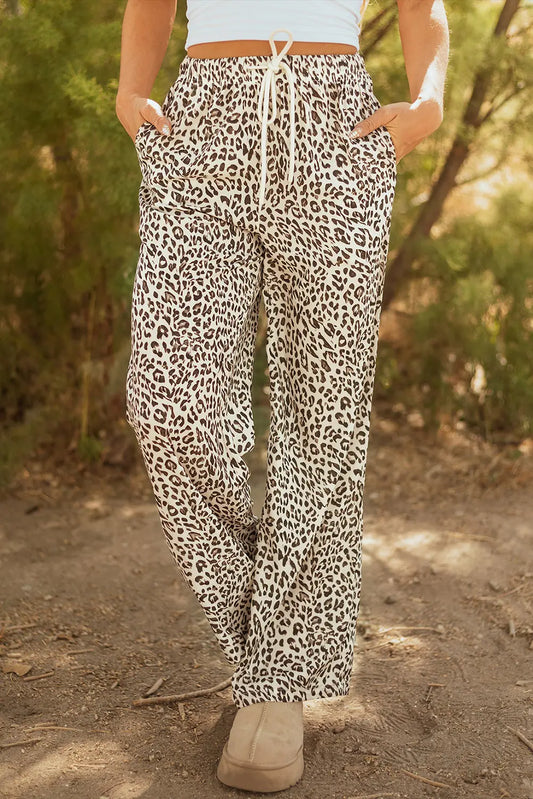 Brown Leopard Drawstring Elastic Waistband Loose Pants Dear-Lover Dropshipping
