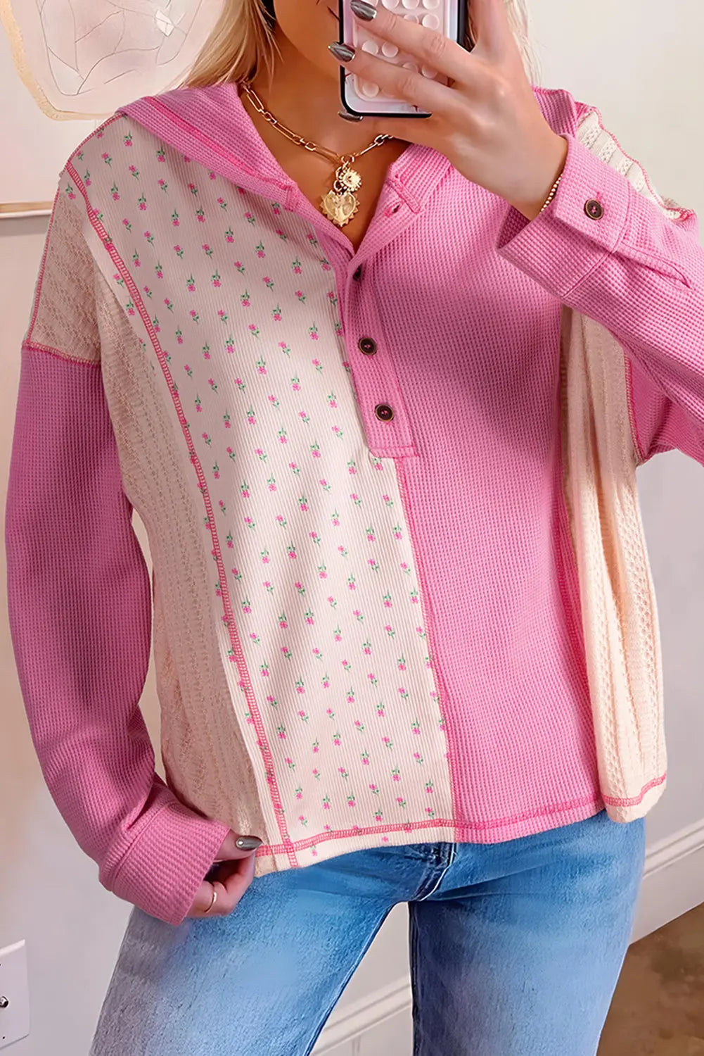 Pink Mixed Texture Waffle Floral Patchwork Hooded Oversize Pullover Dear-Lover Dropshipping