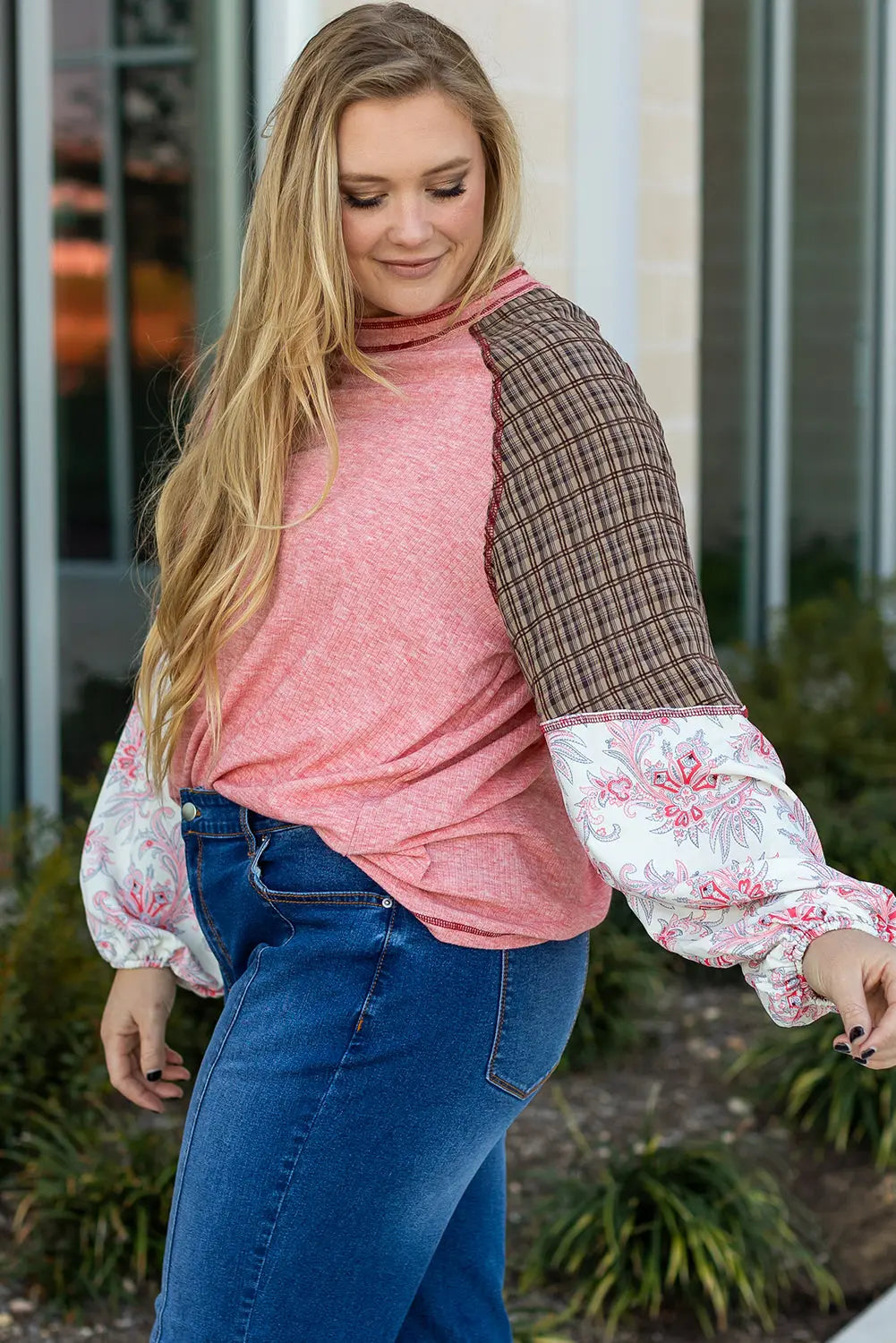 Pink Checkered Paisley Patchwork Raglan Sleeve Seamed Plus Size Top Dear-Lover Dropshipping