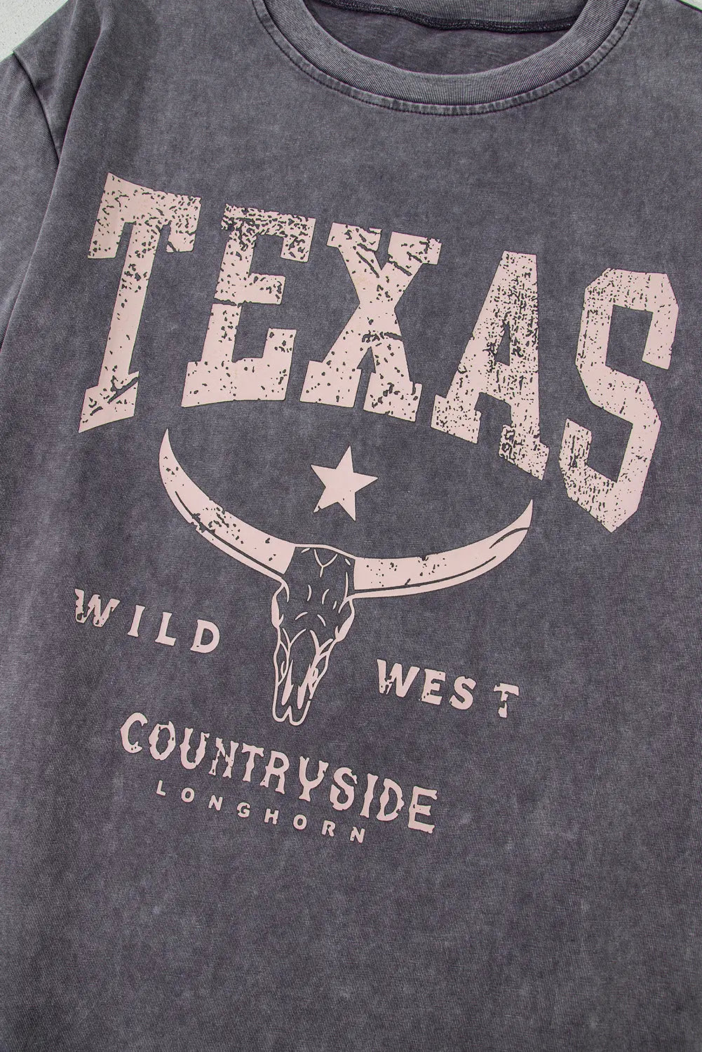 Medium Grey TEXAS Steer Head Graphic Mineral Wash Oversized T Shirt Dear-Lover Dropshipping