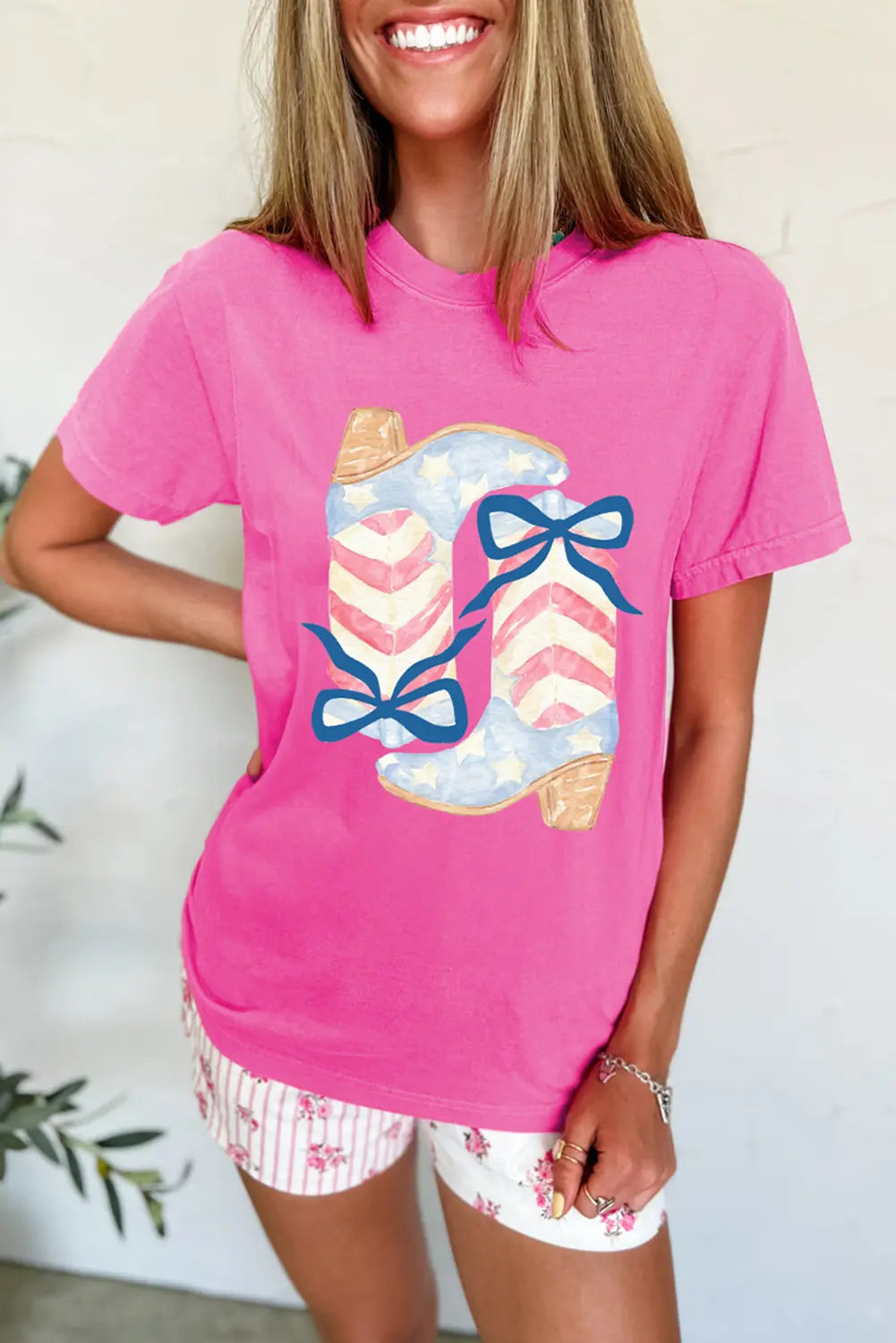 Sachet Pink Flag Pattern Boots Bow Accent Casual Graphic Tee Dear-Lover Dropshipping