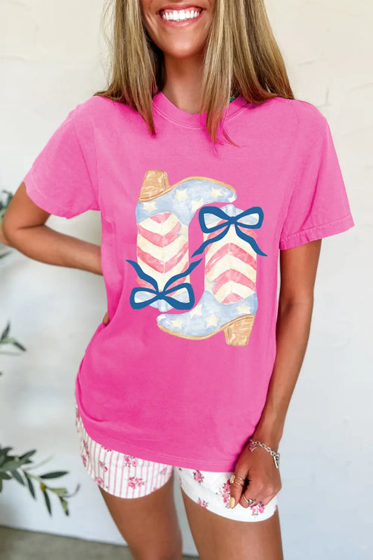 Sachet Pink Flag Pattern Boots Bow Accent Casual Graphic Tee Dear-Lover Dropshipping