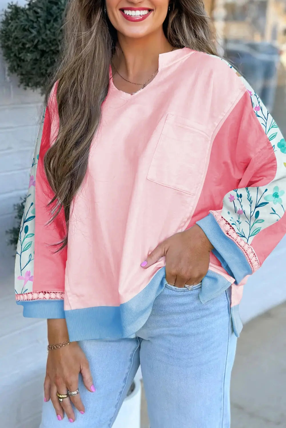 Light Pink Floral Colorblock Patchwork Chest Pocket Notched Neck Long Sleeve Top Dear-Lover Dropshipping