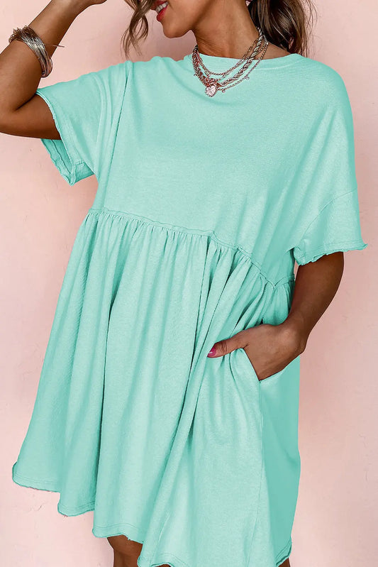 Moonlight Jade Solid Color Pocketed Raw Edge Babydoll Dress Dear-Lover Dropshipping