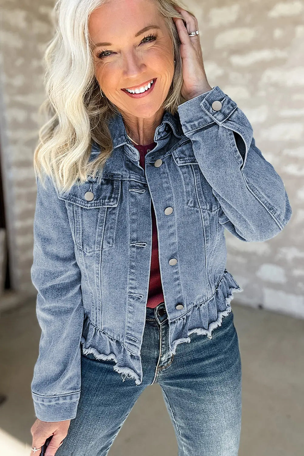 Beau Blue Ruffle Raw Hem Flap Pockets Denim Jacket Dear-Lover Dropshipping
