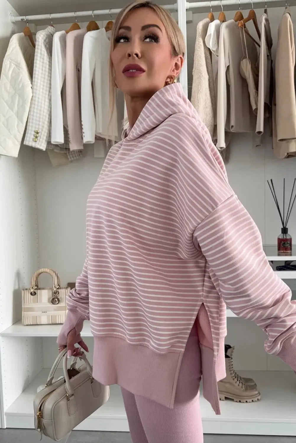 Purple Stripe Thumbhole Side Slits Drop Shoulder Loose Fit Hoodie Dear-Lover Dropshipping