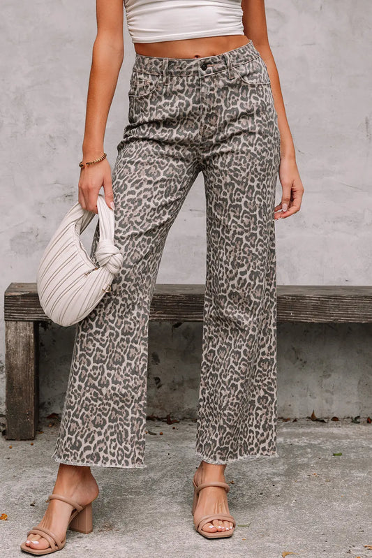 Brown Leopard Frayed Edge Wide Leg High Waist Jeans Dear-Lover Dropshipping