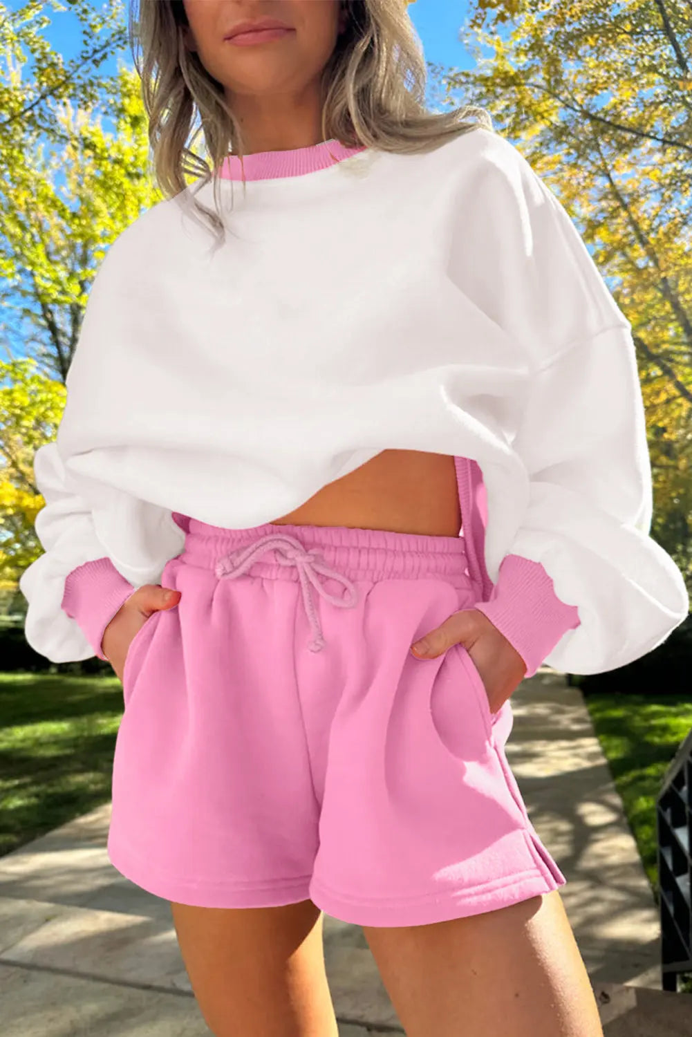 Strawberry Pink Color Block Pullover and Lace-up Elastic Waist Shorts Set Dear-Lover Dropshipping
