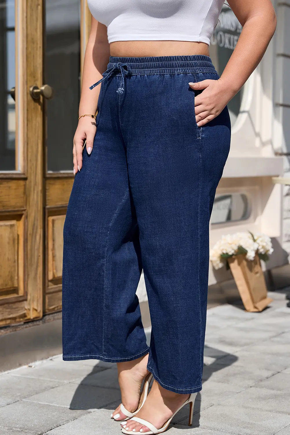 Real Teal Plus Size Drawstring High Waist Wide Leg Casual Jeans Dear-Lover Dropshipping