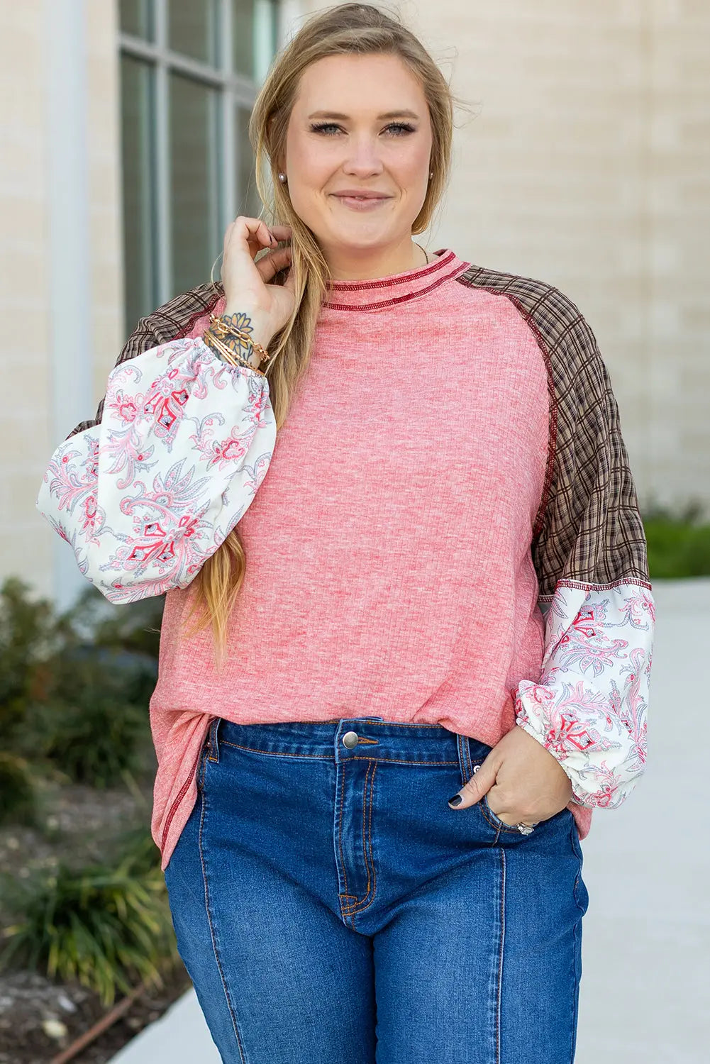 Pink Checkered Paisley Patchwork Raglan Sleeve Seamed Plus Size Top Dear-Lover Dropshipping