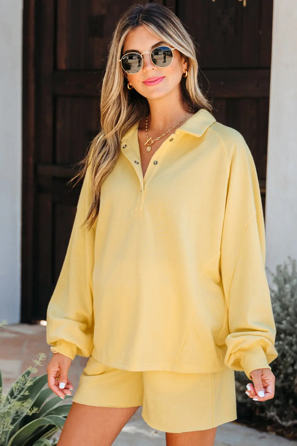 Yellow Cream Button Collar Drop Shoulder Pullover and Shorts 2pcs Outfit Dear-Lover Dropshipping