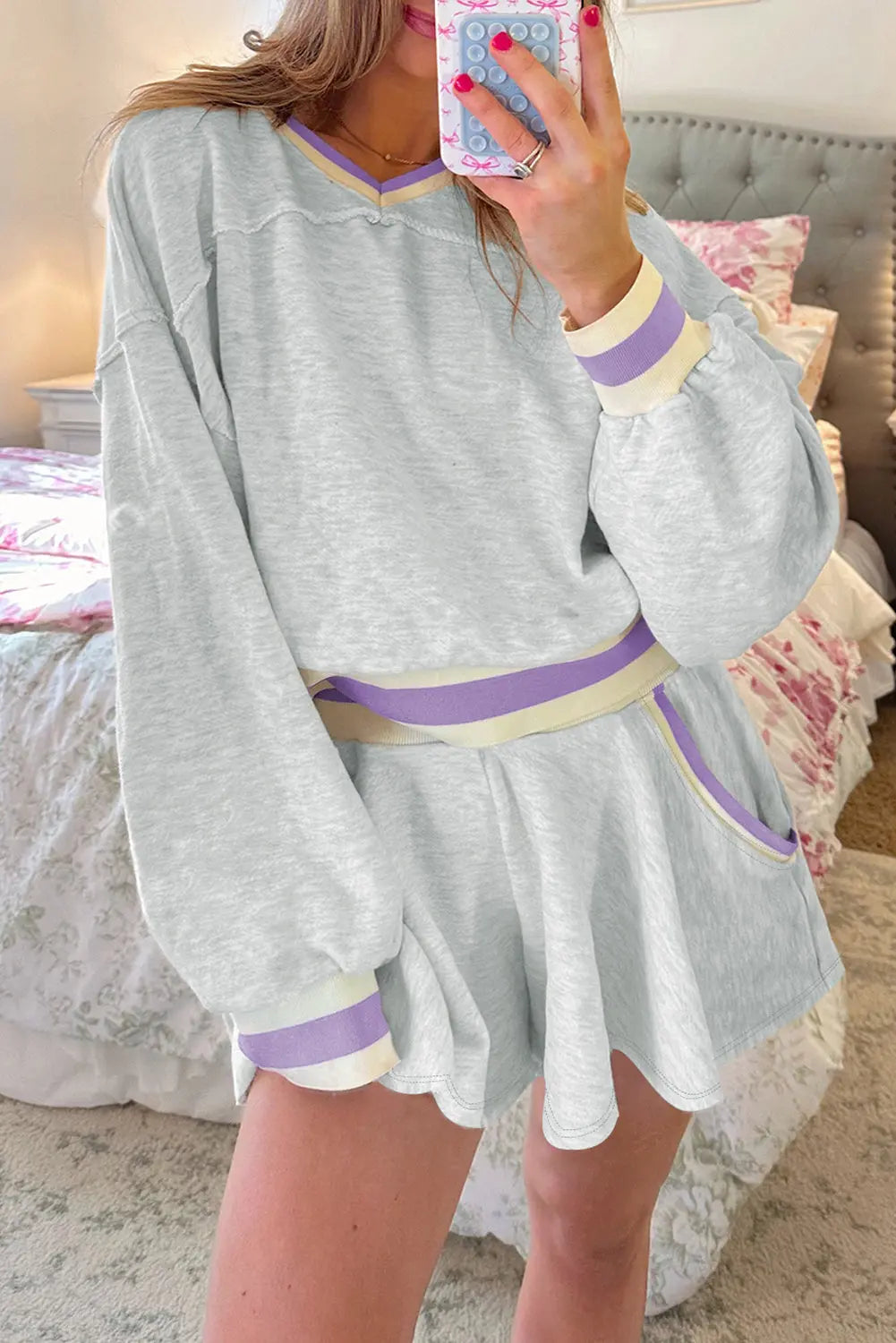 Light Grey Contrast Striped Bands Cropped Pullover and Athletic Short Set Dear-Lover Dropshipping